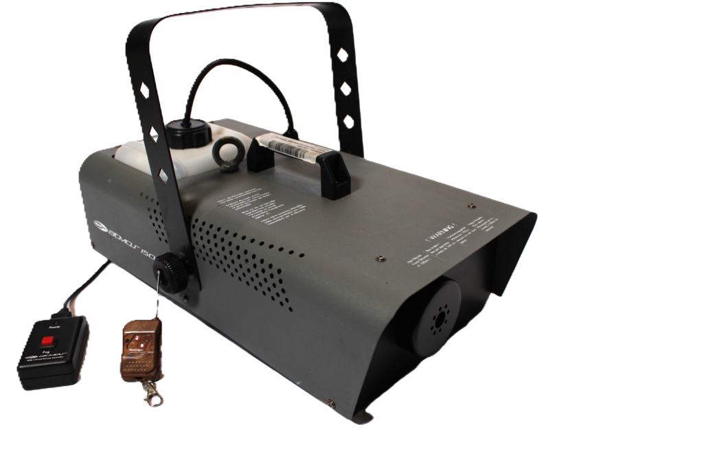 Nebelmaschinen Graue Nebelmaschine mit Fernbedienung und Tragegriff.