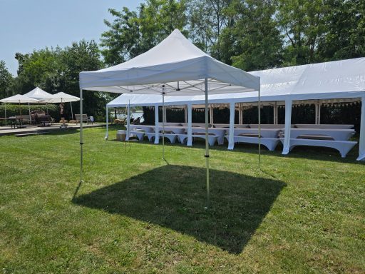 Partyzelte Zwei weiße Zelte stehen auf einer grünen Wiese in einer sonnigen Umgebung.