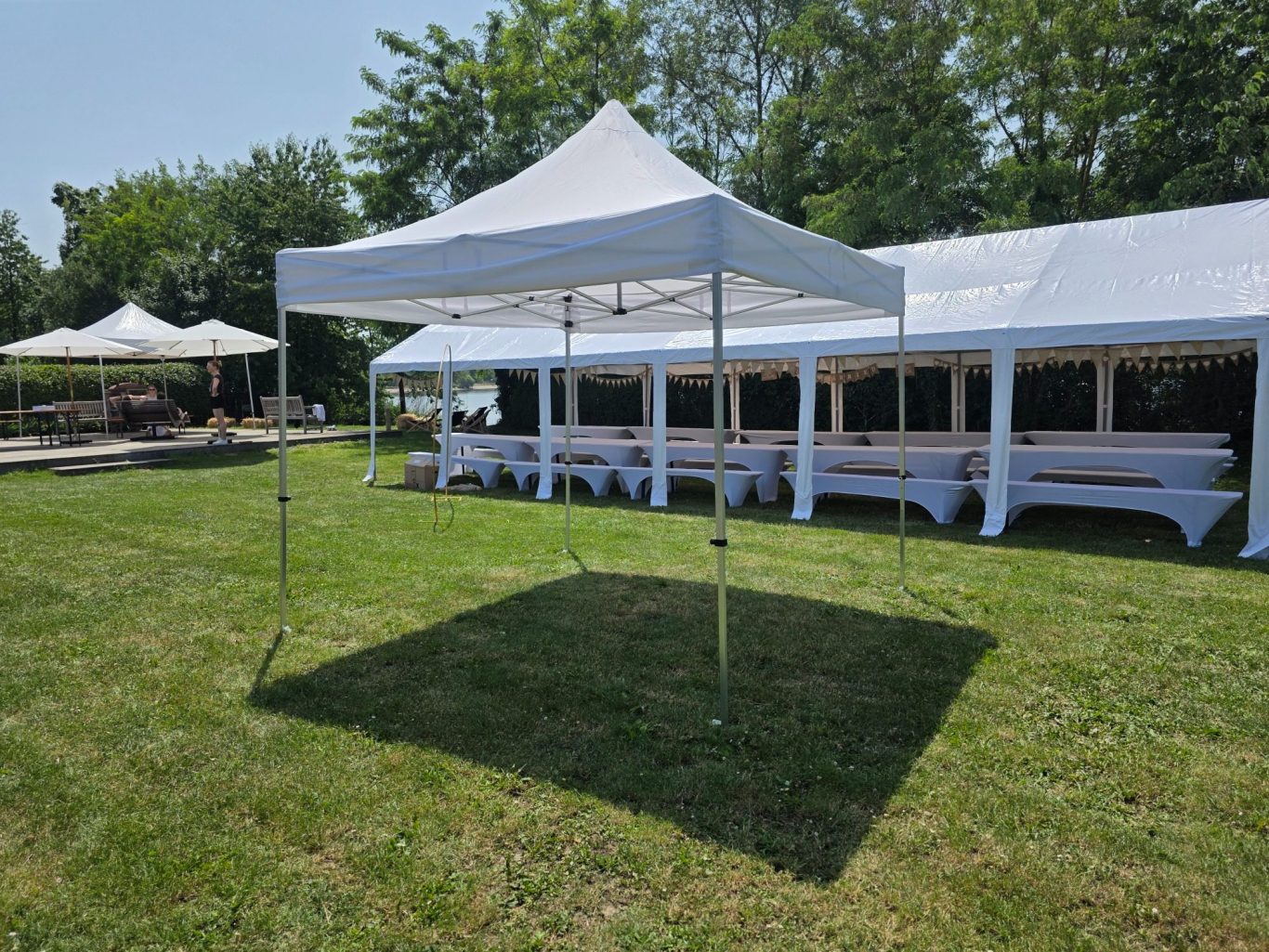 Partyzubehör mieten Festliche Feier mit Gästen, die Gläser auf einander heben, um anzustoßen.