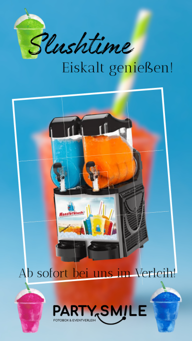 Slushmaschine Bunte Slush-Eis-Getränke mit Strohhalm und Partyutensilien. Slogan: "Eiskalt genießen!"