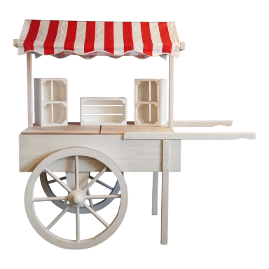 Candybar Holz-Wagen mit rot-weißem Sonnenschirm und Verkaufsfläche für Waren.