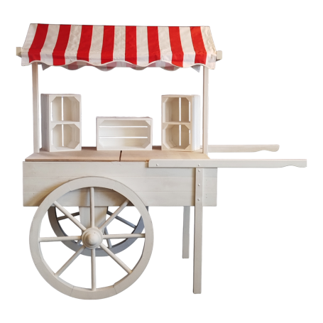 Candybar rot / weiß Holzwagen mit rotem und weißem Streifen-Dach, gestaltet als Verkaufsstand.