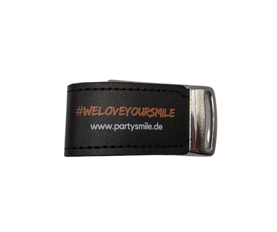 Rückseite Schwarzer Geldbeutel mit orangefarbener Schrift "I LOVE YOUR SMILE" und der URL "www.partysmile.de".