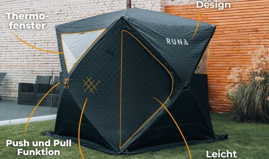 Zeltsauna Ein schwarzes, leichtes Zelt mit Thermofenster und Push-Pull-Funktion.