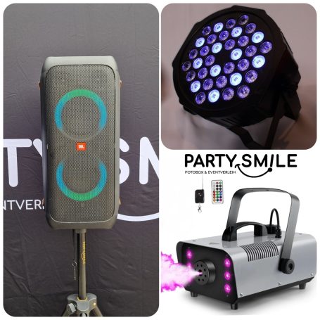 Partypakete Lautsprecher mit bunten Lichtern und Nebelmaschine, beschriftet mit "PARTY_SMILE".