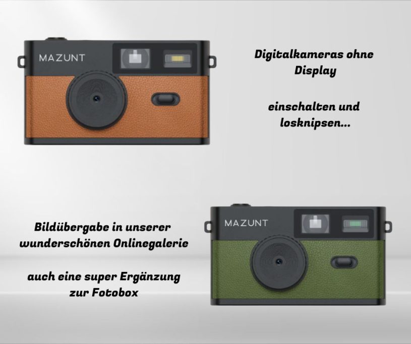 Digitalkameras Digitalkamera ohne Display in Braun und Grün mit Text über Funktionen und Vorteile.