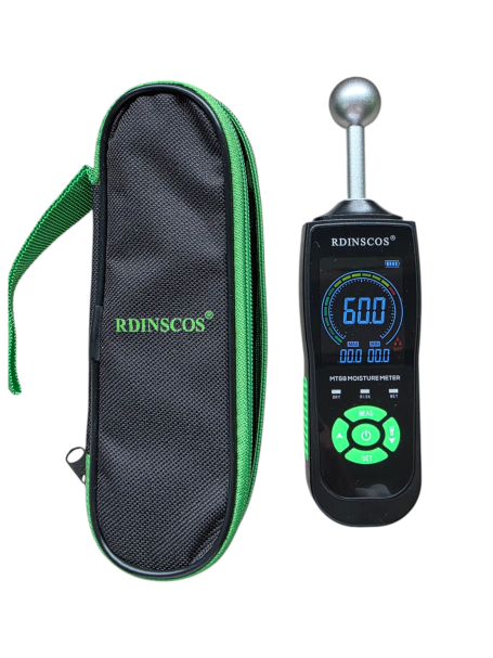 Feuchtemessgerät Ein digitales Luftfeuchtigkeitsmessgerät mit Tragetasche in Schwarz und Grün.