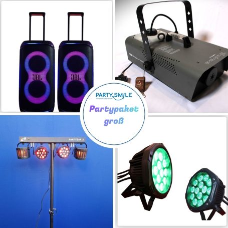 verschiedene Größen Verschiedene Partylampen und Lautsprecher auf blauem Hintergrund.