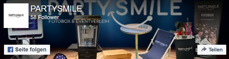 Facebook Profil von Partysmile Party-Ausrüstung und Dekoration in einem modernen Event-Setup mit leuchtendem Hintergrund.